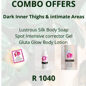 Body Glow Combo : 1 x gluta glow brightening body lotion, 1 x lustrous Silk Body Soap, 1 x dark spot corrector